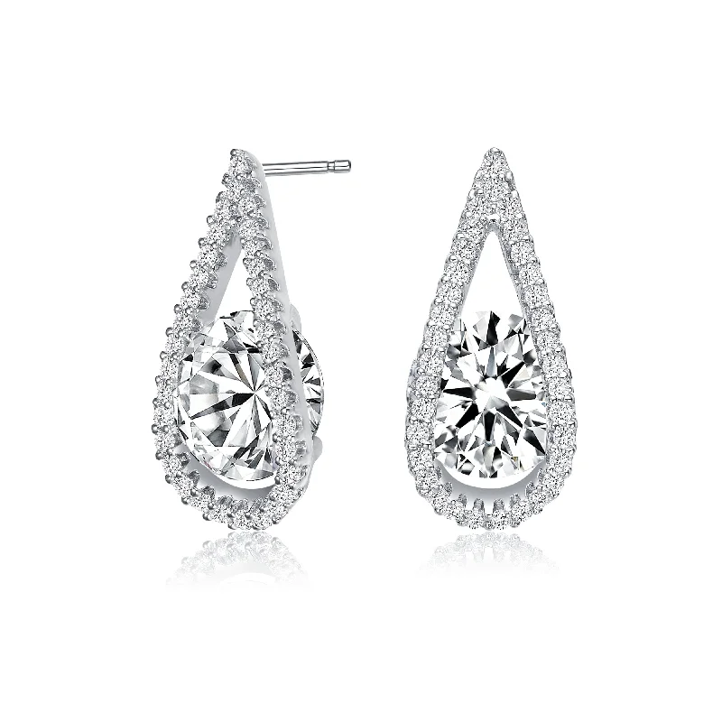 GENEVIVE Sterling Silver Cubic Zirconia Pear Halo Drop Earrings