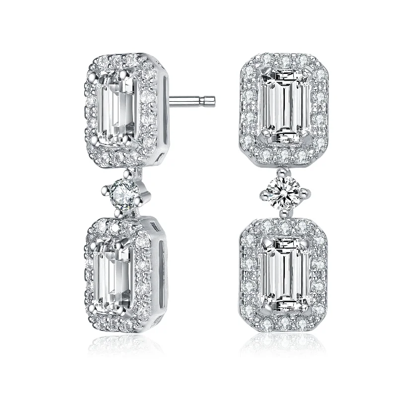 GENEVIVE Sterling Silver Cubic Zirconia Rectangular Halo Drop Earrings