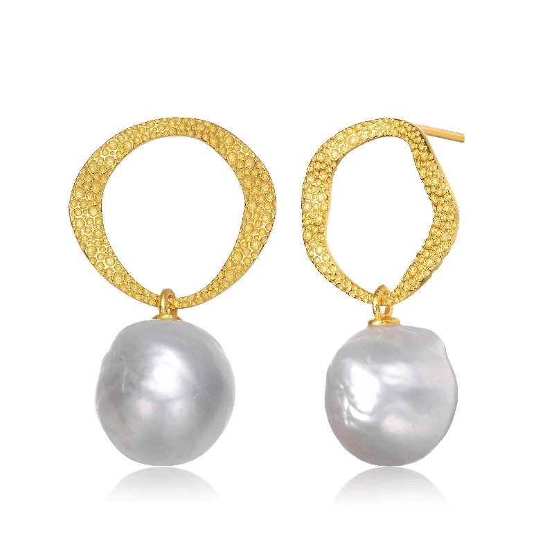 GENEVIVE Sterling Silver Gold Plated Freshwater Button Pearl Drop Earrings