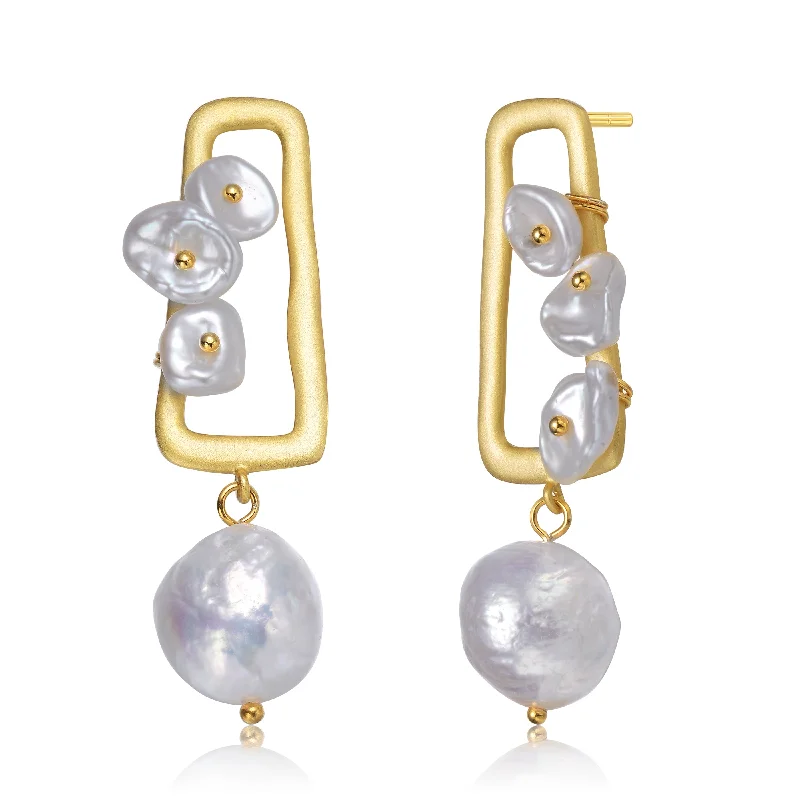 GENEVIVE Sterling Silver Gold Plated Freshwater Pearl Drop Earrings