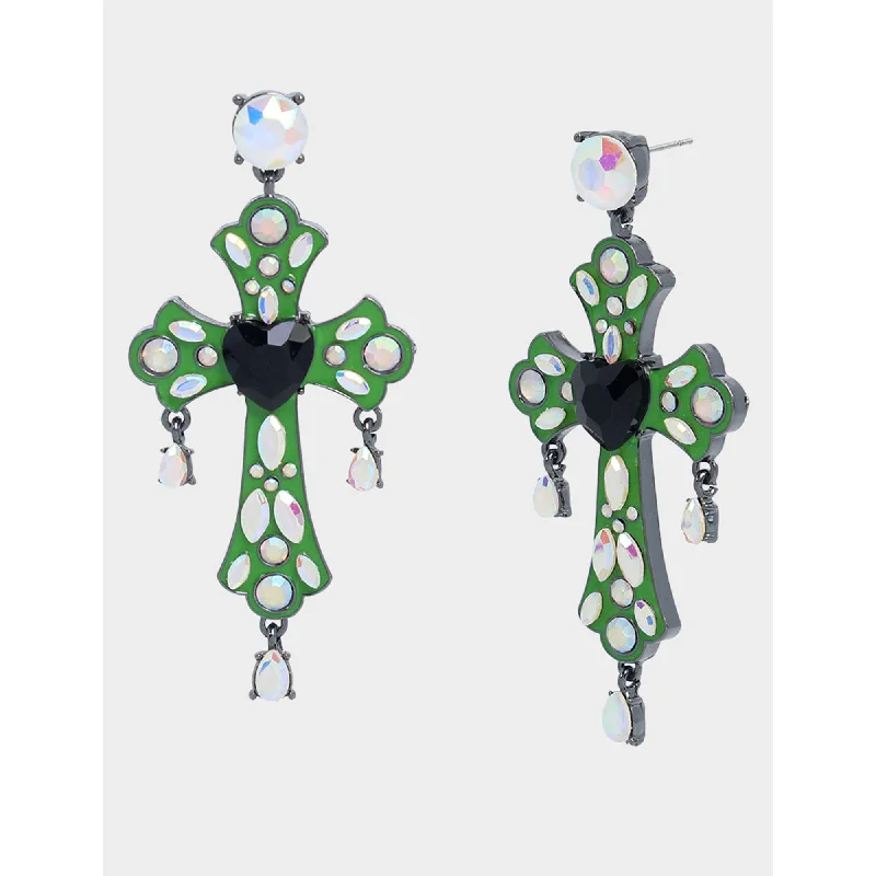 Ghoul Friends Stone Cross Drop Earrings Green