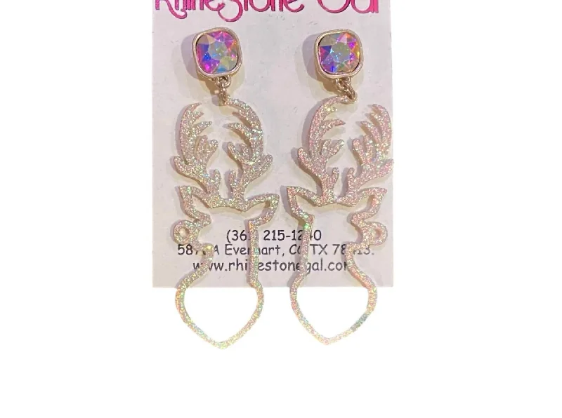 Glitter Reindeer Drop Earrings In Gold