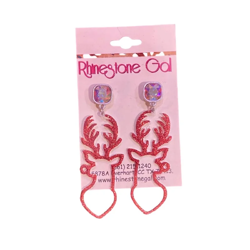 Glitter Reindeer Drop Earrings In Red