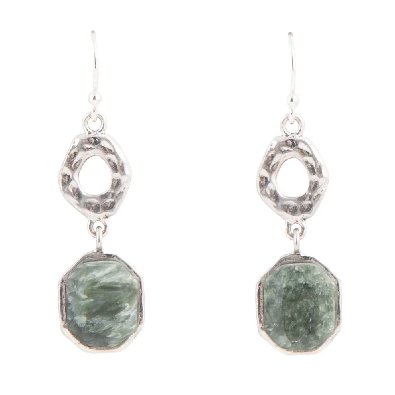 Hammered Green Seraphinite and Sterling Silver Drop Earrings