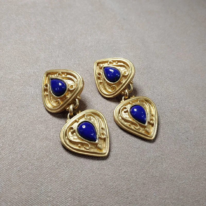 Lapis Lazuli Clip On Drop earrings by Rima Ariss in gold plate tear drop