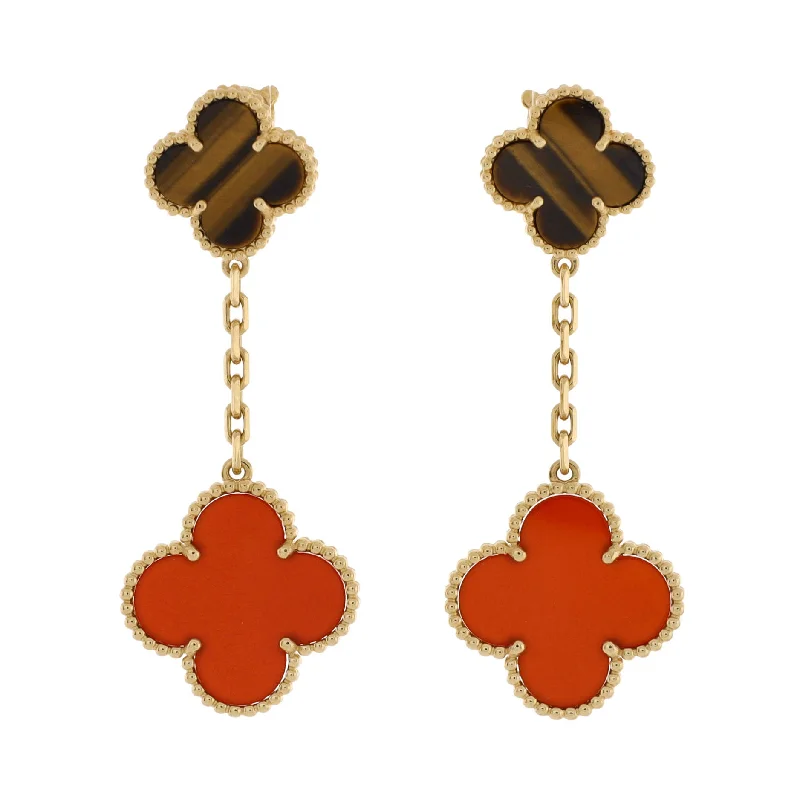 Magic Alhambra 2 Motifs Drop Earrings 18K Yellow Gold with Tiger's Eye and Carnelian