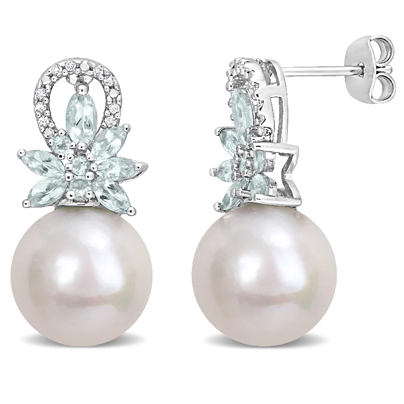 Mimi & Max 11-12mm Cultured Freshwater Pearl and 1 1/5ct TGW Aquamarine and 1/10ct TW Diamond Flower Drop Earrings in Sterling Silver