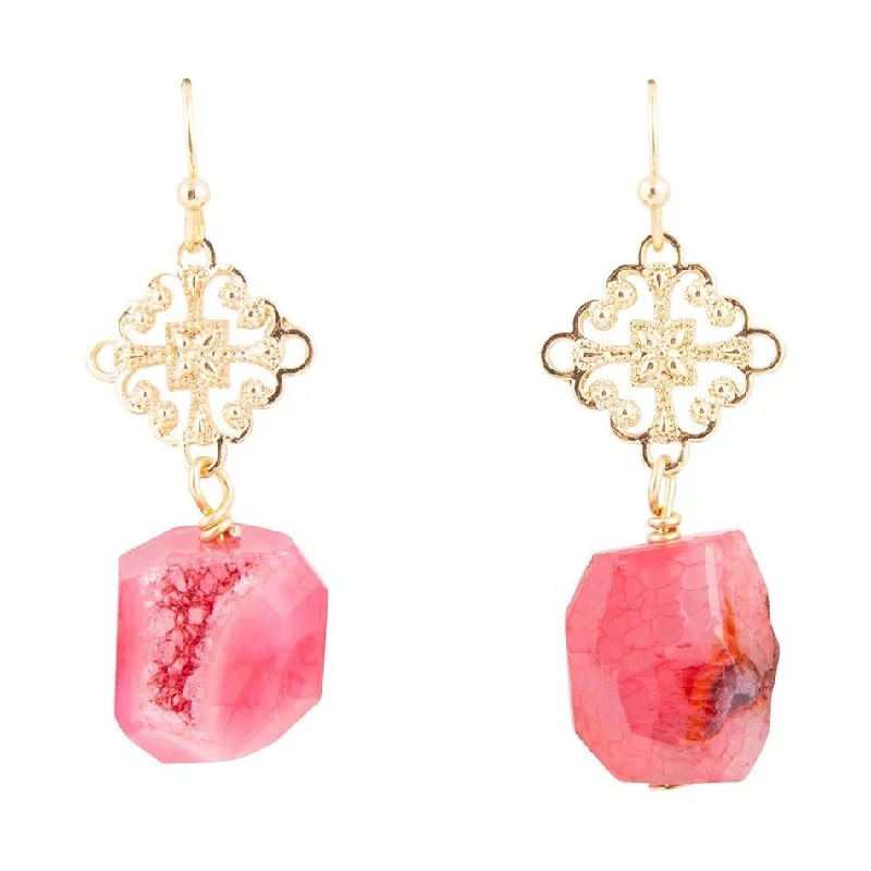 Pink Magenta Dreams Agate Golden Drop Earrings