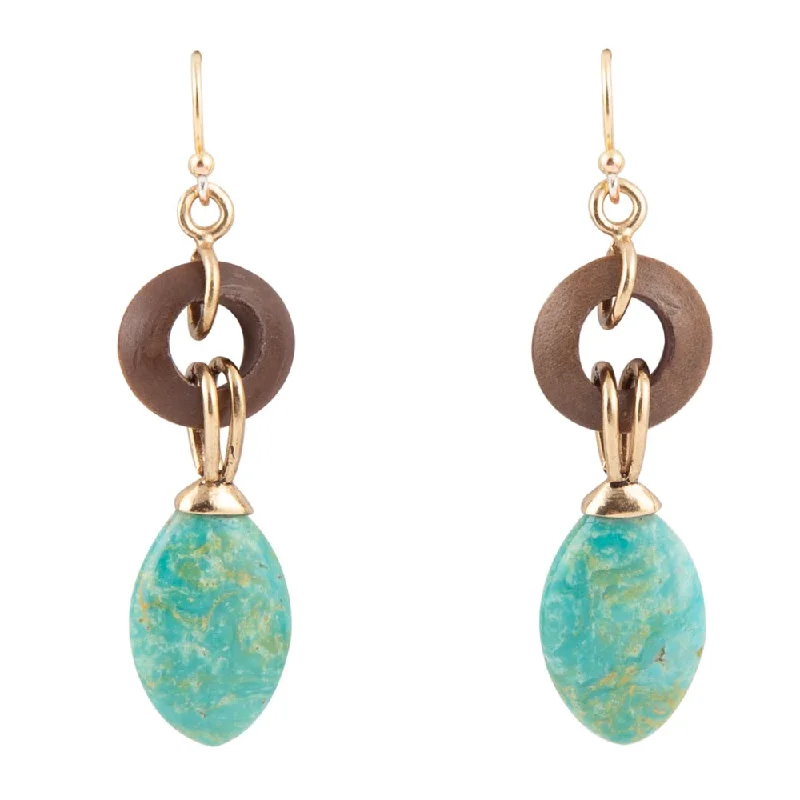 Precious Green Turquoise and Wood Golden Bronze Drop Earrings