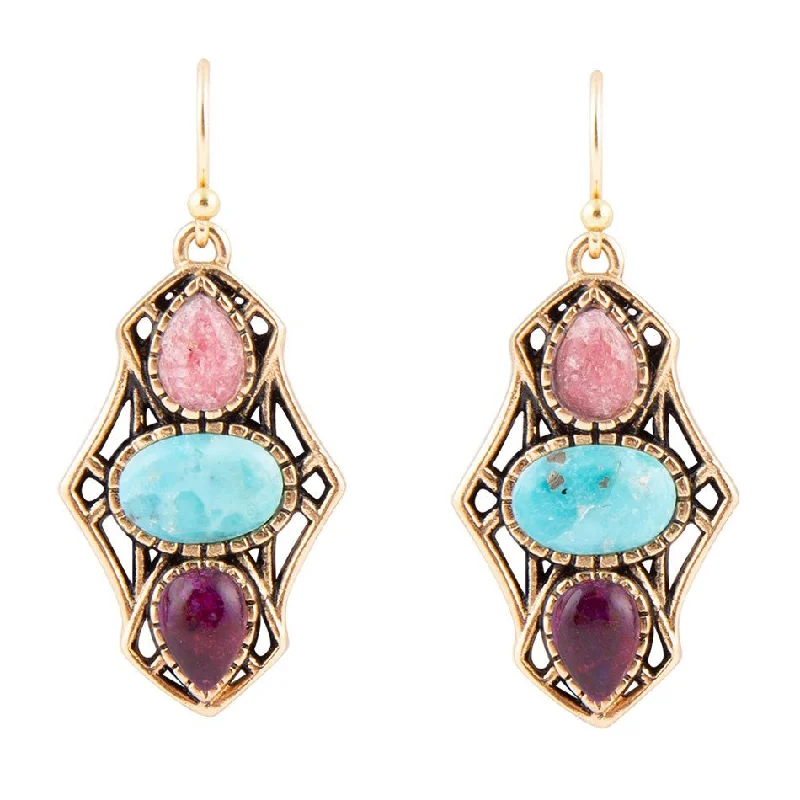 Colorful Turquoise and Rhodonite Triple Dot Golden Drop Earrings