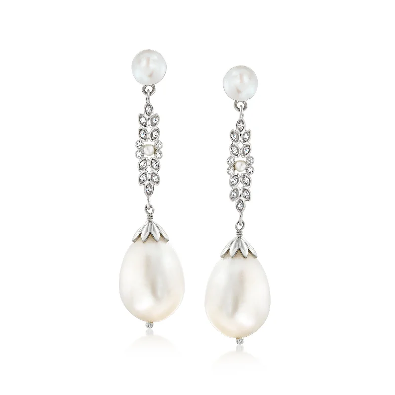 Ross-Simons 1.5-11mm Cultured Pearl and . Diamond Drop Earrings in Sterling Silver