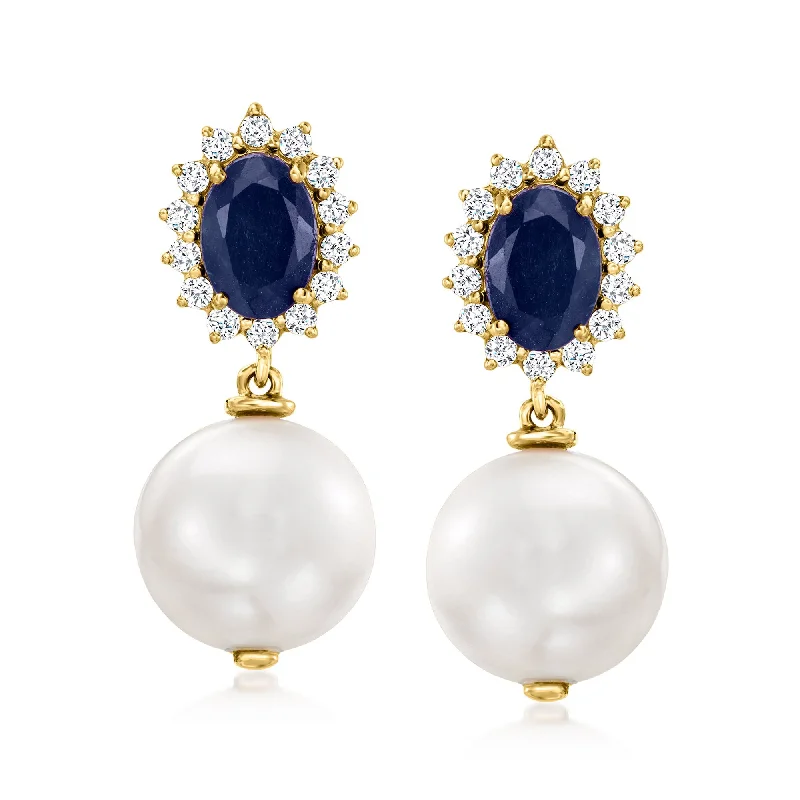 Ross-Simons 10-11mm Cultured Pearl and Sapphire Drop Earrings With . Diamonds in 14kt Yellow Gold