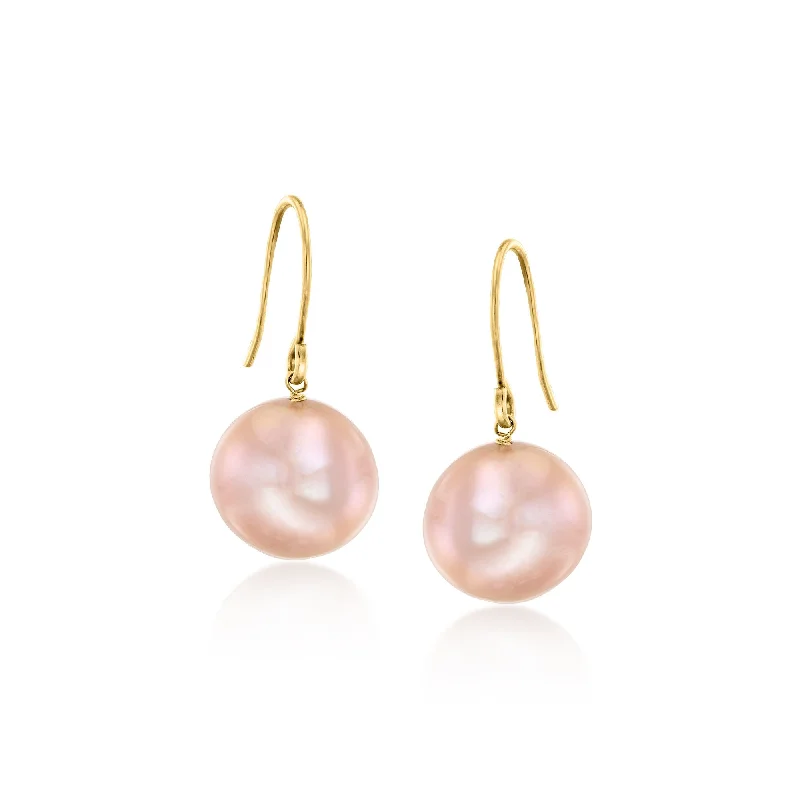 Ross-Simons 11-12mm Pink Cultured Pearl Drop Earrings in 14kt Yellow Gold