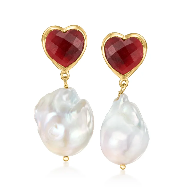 Ross-Simons 13-15mm Cultured Baroque Pearl and Ruby Heart Drop Earrings in 18kt Gold Over Sterling