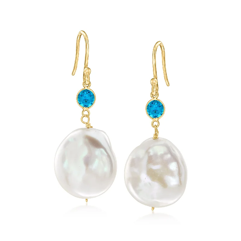 Ross-Simons 14-17mm Cultured Coin Pearl and . Swiss Blue Topaz Drop Earrings in 18kt Gold Over Sterling