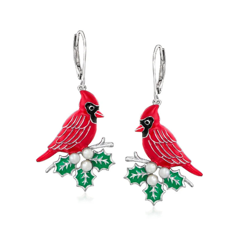 Ross-Simons 3-3.5mm Cultured Pearl and Multicolored Enamel Cardinal Drop Earrings in Sterling Silver