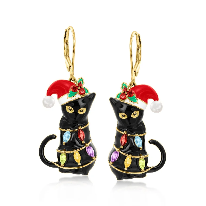 Ross-Simons 3.5-4mm Cultured Pearl and . Multi-Gemstone Christmas Cat and Lights Drop Earrings With Multicolored Enamel in 18kt Gold Over Sterling