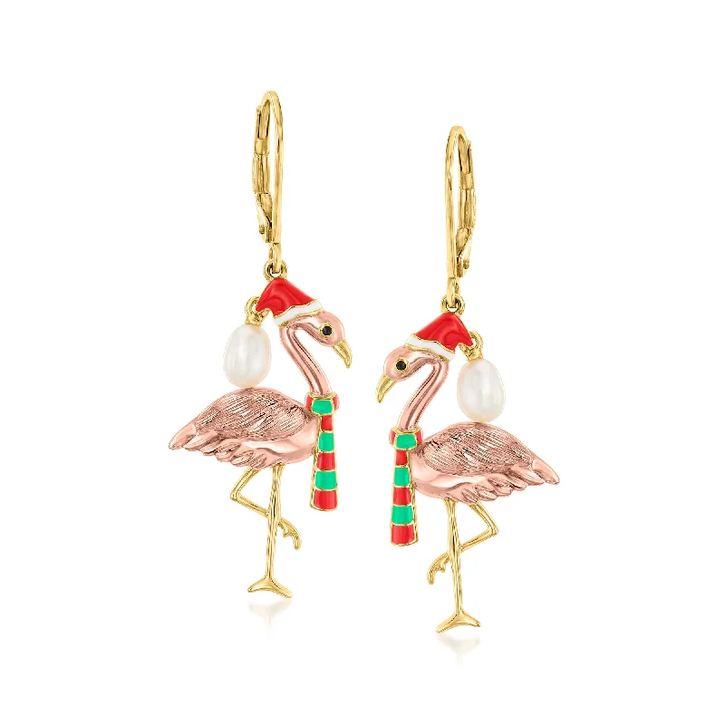 Ross-Simons 4-4.5mm Cultured Pearl and Multicolored Enamel Flamingo Drop Earrings in 2-Tone Sterling Silver