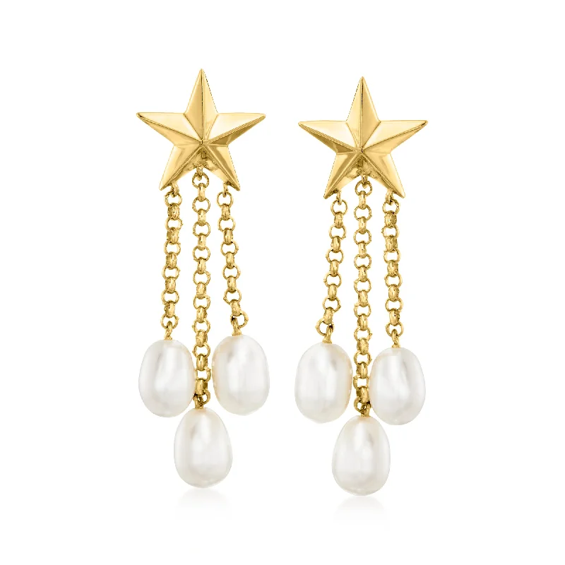 Ross-Simons 4-4.5mm Cultured Pearl Star Drop Earrings in 18kt Gold Over Sterling