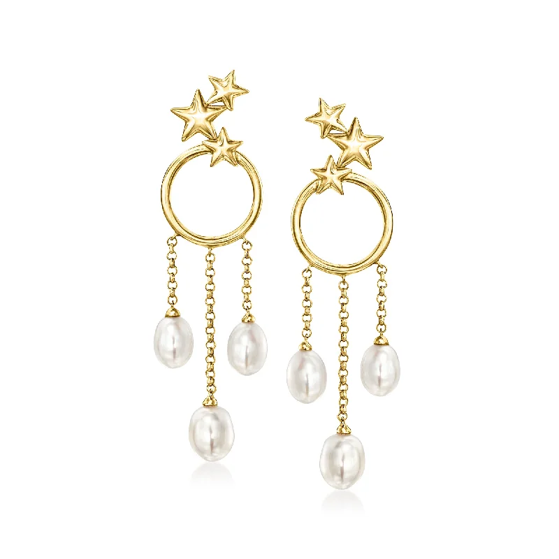 Ross-Simons 5-6mm Cultured Pearl Celestial Drop Earrings in 18kt Gold Over Sterling