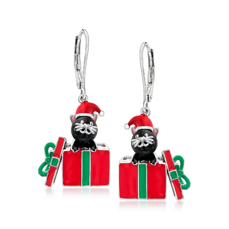 Ross-Simons 6mm Black Agate Bead Christmas Cat Drop Earrings With Multicolored Enamel in Sterling Silver