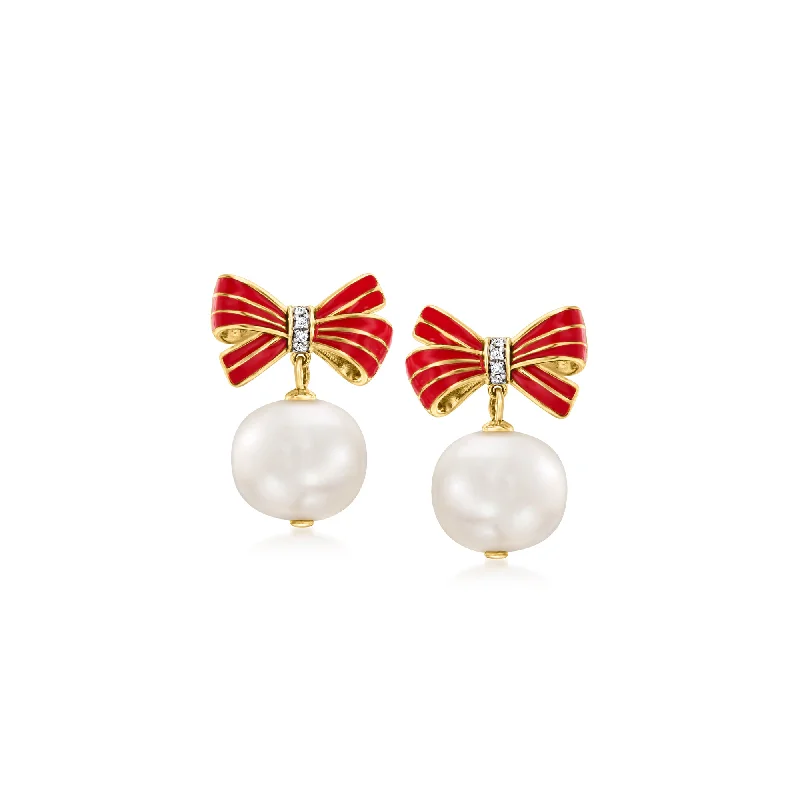 Ross-Simons 8.5-9mm Cultured Pearl Bow Drop Earrings With Diamond Accents and Red Enamel in 18kt Gold Over Sterling