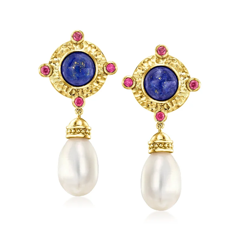 Ross-Simons 8-8.5mm Cultured Pearl and Lapis Drop Earrings With . Rhodolite Garnet in 18kt Gold Over Sterling