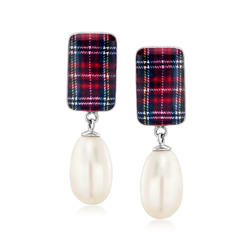 Ross-Simons 8-8.5mm Cultured Pearl and Multicolored Enamel Drop Earrings in Sterling Silver