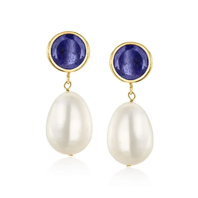 Ross-Simons 9.5-10mm Cultured Pearl and Sapphire Drop Earrings in 14kt Yellow Gold