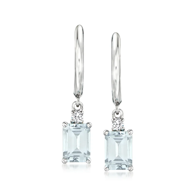 Ross-Simons Aquamarine Hoop Drop Earrings With Diamond Accents in 18kt White Gold