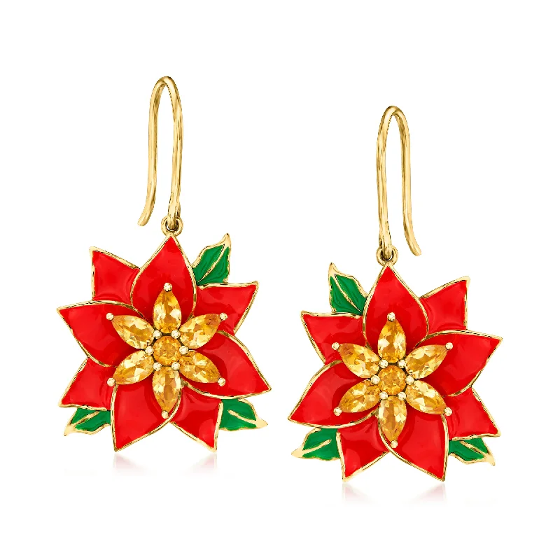 Ross-Simons Citrine and Multicolored Enamel Poinsettia Drop Earrings in 18kt Gold Over Sterling