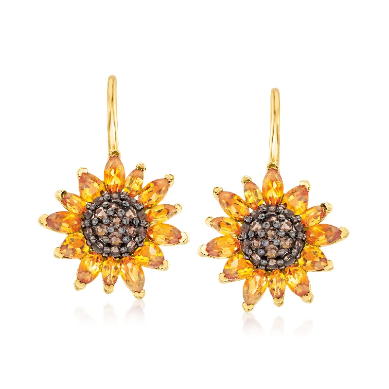 Ross-Simons Citrine and . Smoky Quartz Sunflower Drop Earrings in 18kt Gold Over Sterling