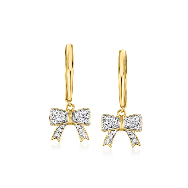 Ross-Simons Diamond Bow Hoop Drop Earrings in 18kt Gold Over Sterling