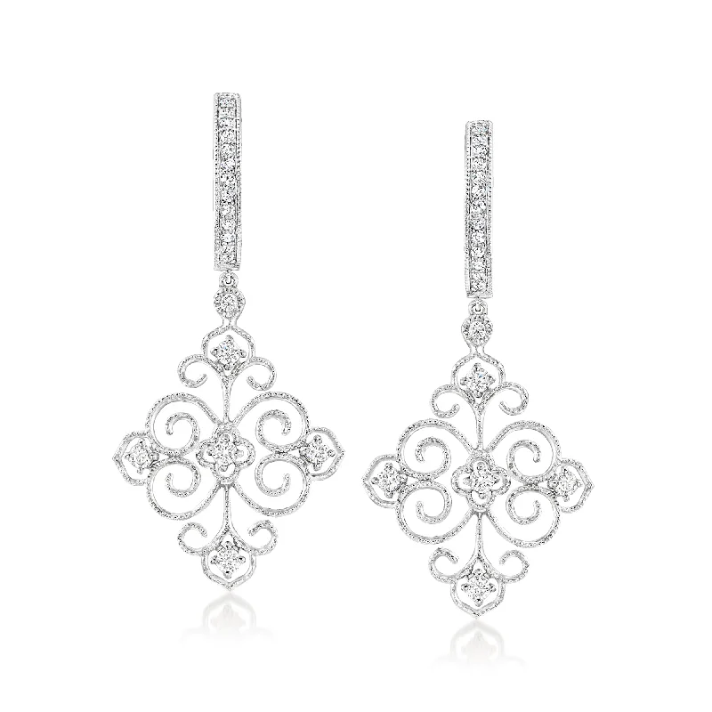 Ross-Simons Diamond Filigree Hoop Drop Earrings in Sterling Silver