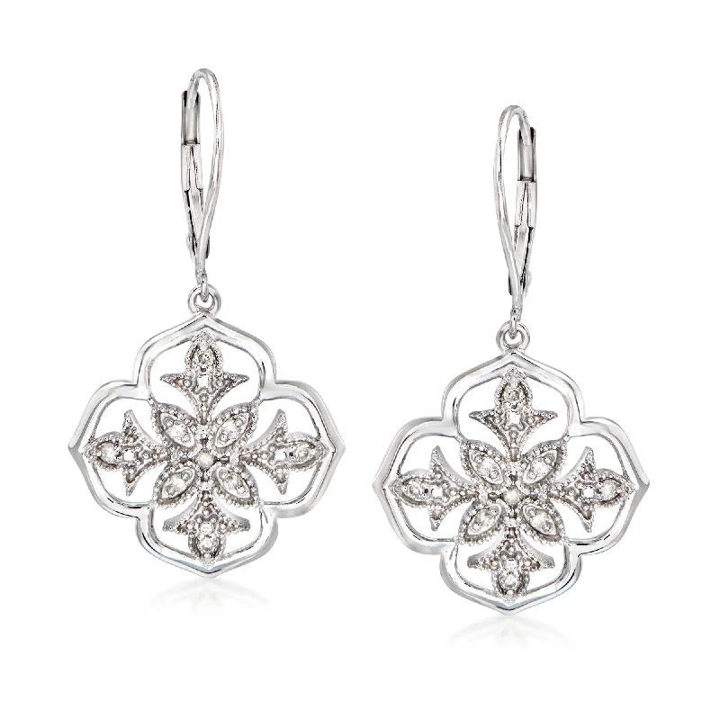 Ross-Simons Diamond Floral Openwork Drop Earrings in Sterling Silver