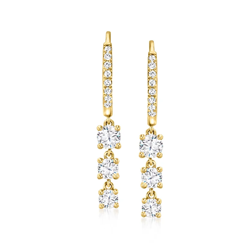 Ross-Simons Diamond Hoop Drop Earrings in 14kt Yellow Gold