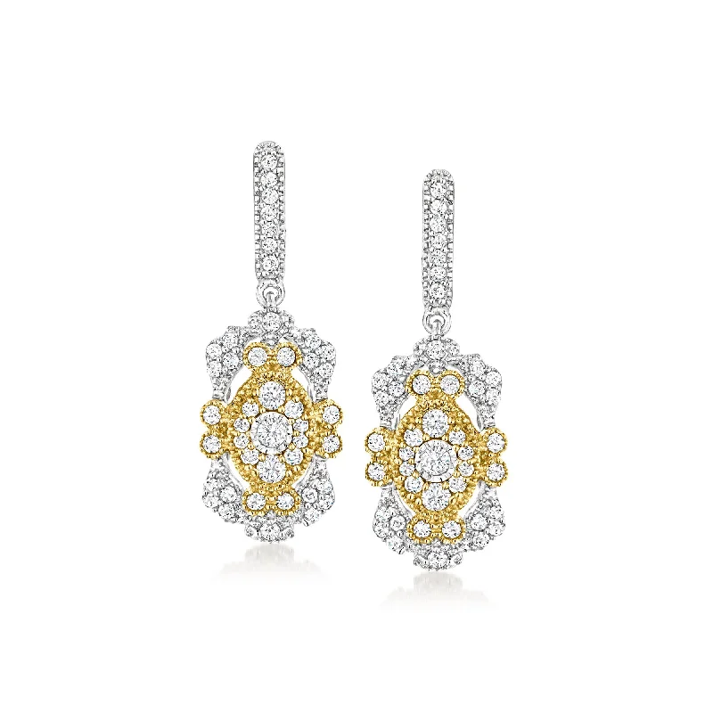 Ross-Simons Diamond Vintage-Style Drop Earrings in Sterling Silver and 14kt Yellow Gold