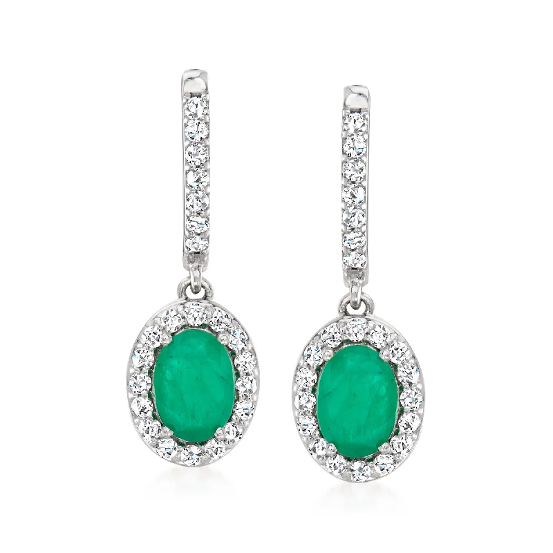 Ross-Simons Emerald and . Diamond Hoop Drop Earrings in 14kt White Gold