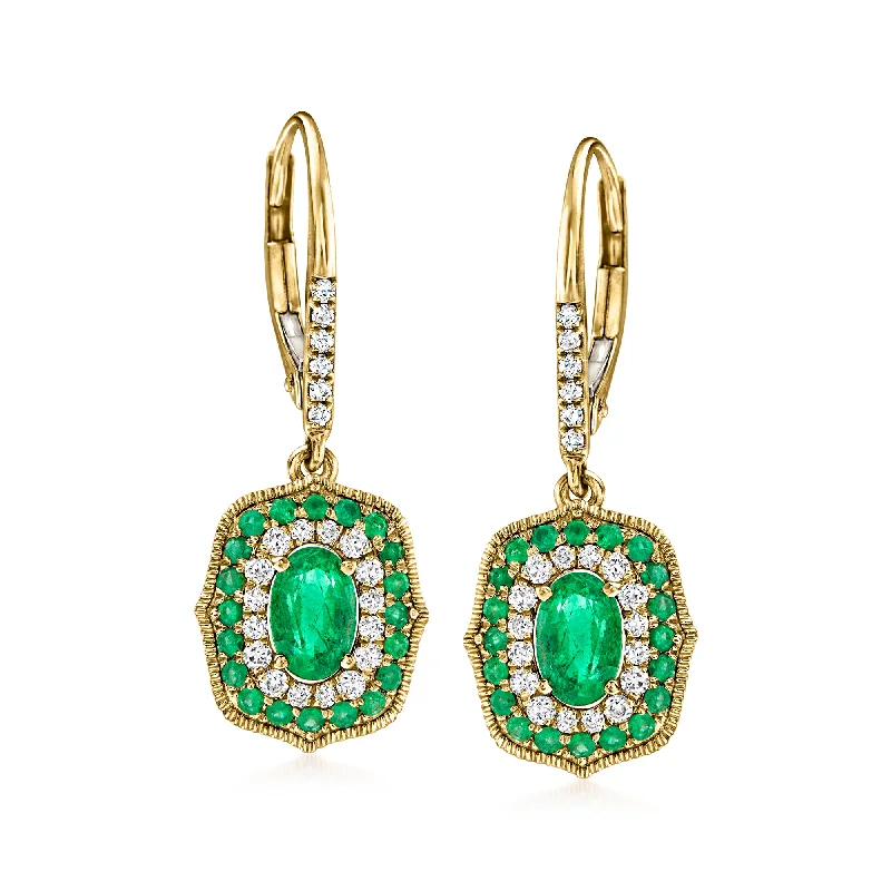 Ross-Simons Emerald and . Diamond Milgrain Drop Earrings in 14kt Yellow Gold