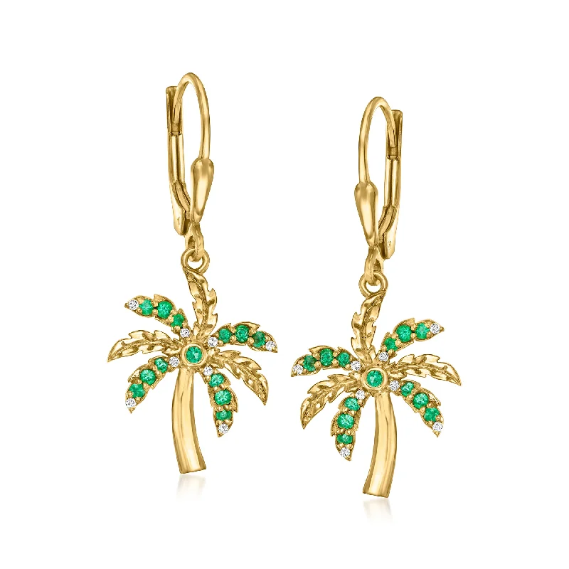 Ross-Simons Emerald Palm Tree Drop Earrings With Diamond Accents in 18kt Gold Over Sterling