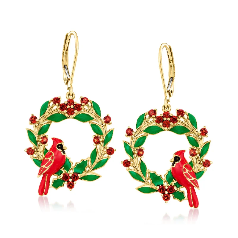 Ross-Simons Garnet and Multicolored Enamel Cardinal Wreath Drop Earrings in 18kt Gold Over Sterling