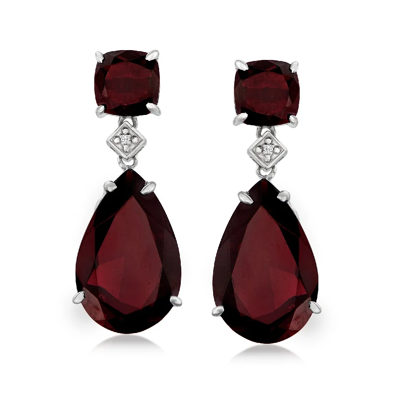 Ross-Simons Garnet Drop Earrings With Diamond Accents in Sterling Silver