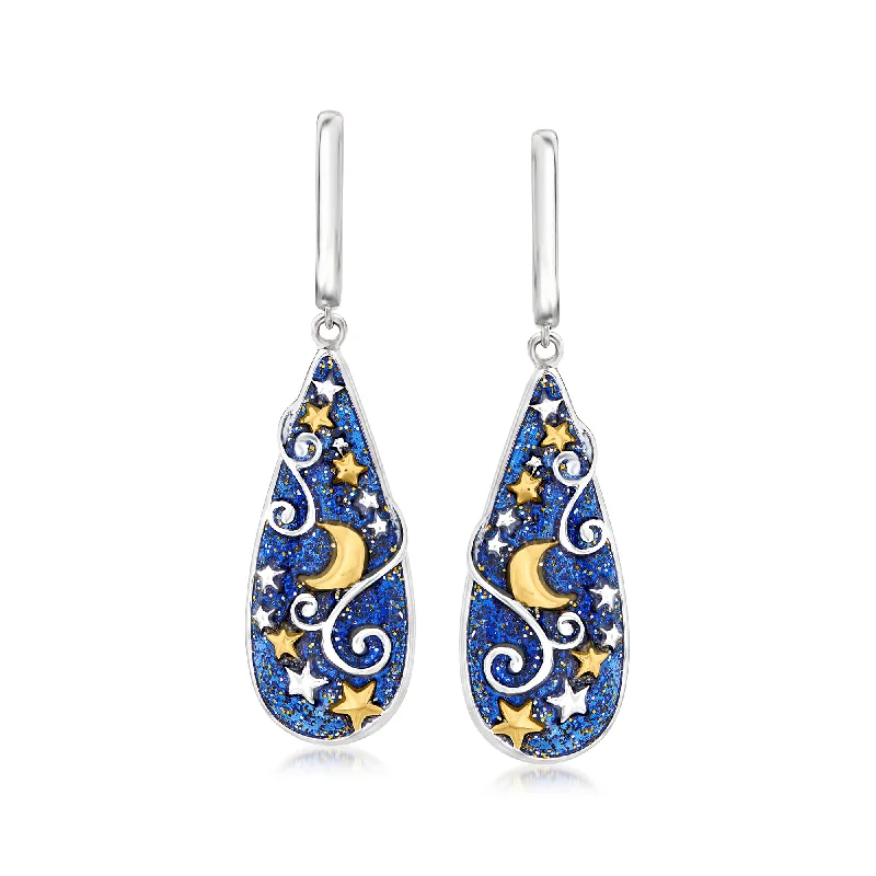 Ross-Simons Glittery Blue Enamel Celestial Hoop Drop Earrings in 2-Tone Sterling Silver