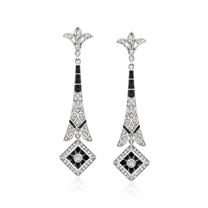 Ross-Simons Italian . CZ and Black Enamel Drop Earrings in Sterling Silver