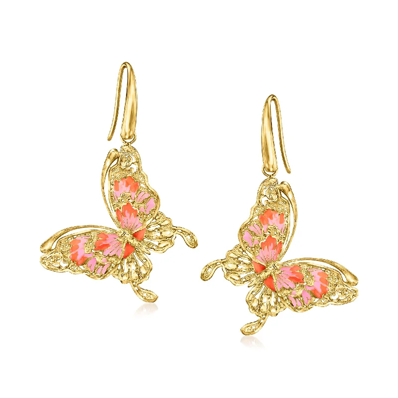 Ross-Simons Italian Pink and Orange Enamel Butterfly Drop Earrings in 18kt Gold Over Sterling