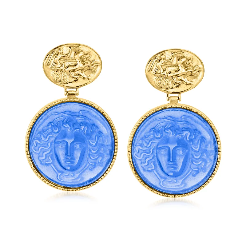 Ross-Simons Italian Tagliamonte Blue Venetian Glass Medusa Drop Earrings in 18kt Gold Over Sterling