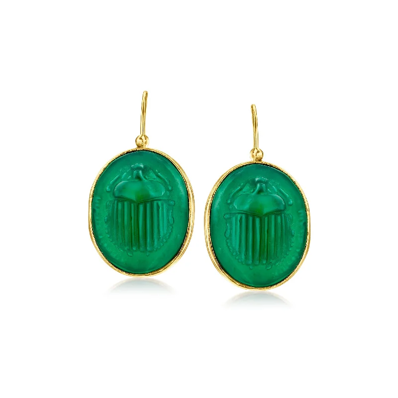 Ross-Simons Italian Tagliamonte Green Agate Scarab Drop Earrings in 18kt Gold Over Sterling