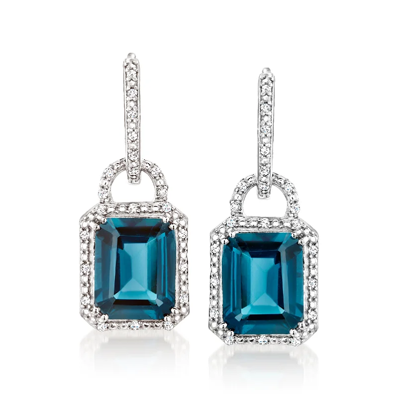 Ross-Simons London Blue Topaz and . Diamond Hoop Drop Earrings in Sterling Silver