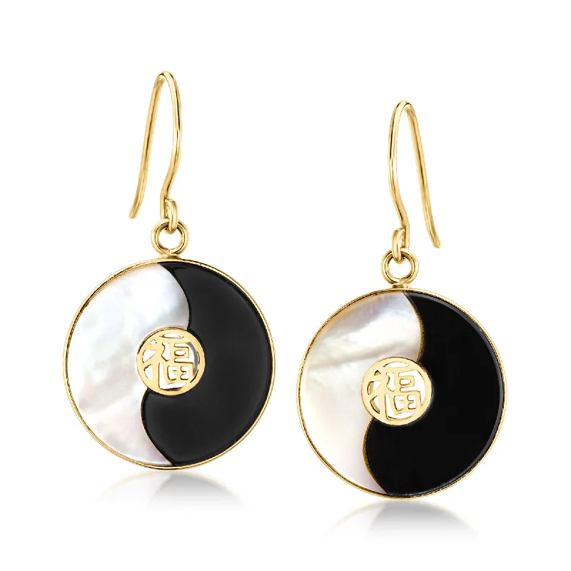 Ross-Simons Mother-Of-Pearl and Black Agate Yin-Yang Drop Earrings in 14kt Yellow Gold