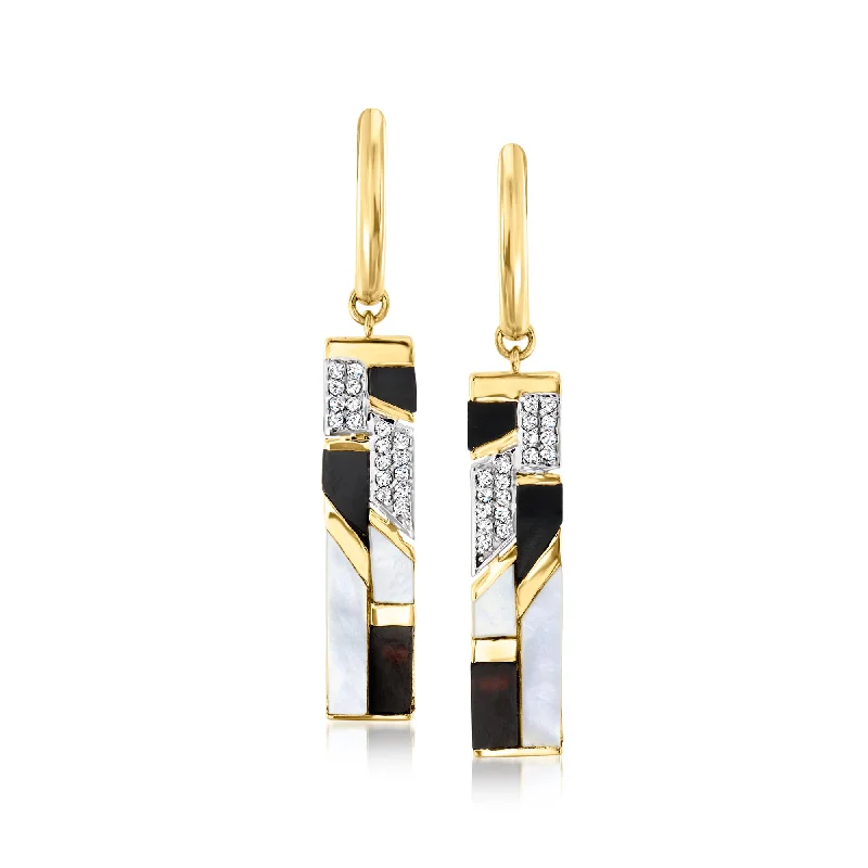 Ross-Simons Mother-Of-Pearl and Onyx Drop Earrings With . White Topaz in 18kt Yellow Gold Over Sterling